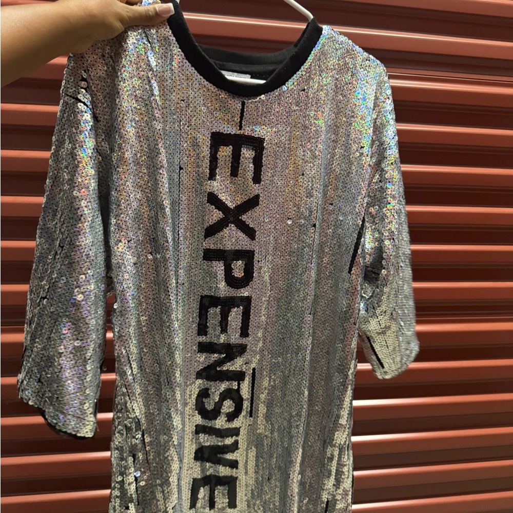 Silver Sequin Dress with Black Lettering